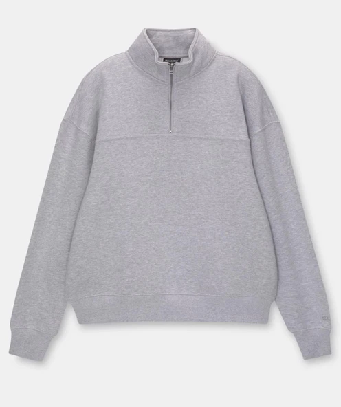 Oversize Yarım Farmuarlı Yakalı Basic SweatShirt - Gri ürün görseli 1