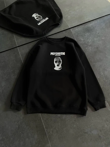 Kışlık Bisiklet Yaka Baskılı SweatShirt - Siyah - Resim 2