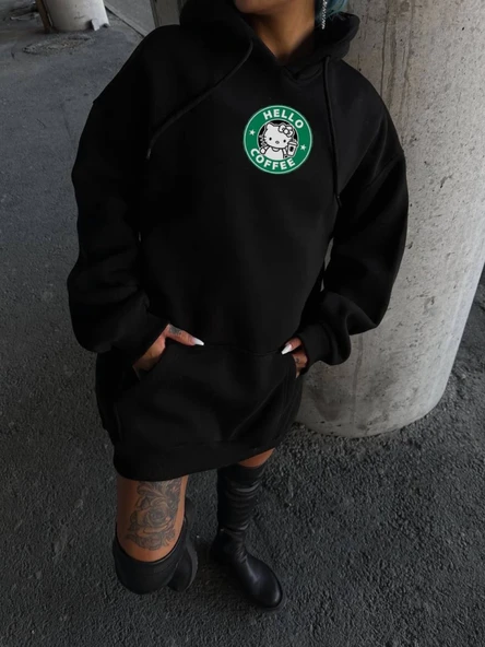 Üç İplik Penye Uzun Kol Kapşonlu SweatShirt - Siyah ürün görseli 1
