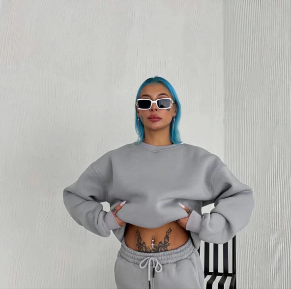 Kışlık Bisiklet Yaka Üç İplik Basic SweatShirt - Gri ürün görseli 1