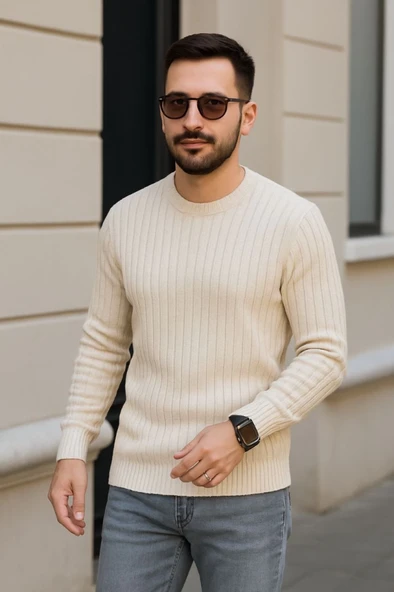 Erkek Bisiklet Yuvarlak Yaka Triko Kazak Pamuklu Kalın Fitilli Dokuma, Regular Fit Uzun Kollu Kışlık Model - Bej ürün görseli 1