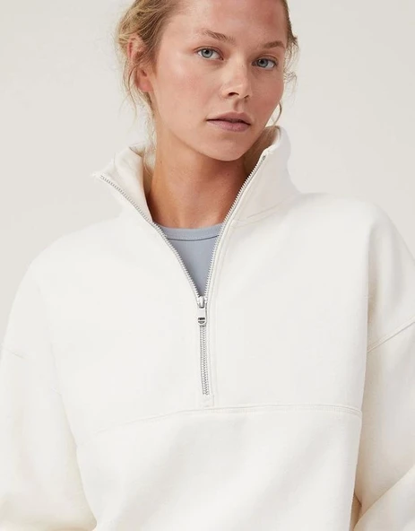 Oversize Yarım Farmuarlı Yakalı Basic SweatShirt - Beyaz - Resim 4