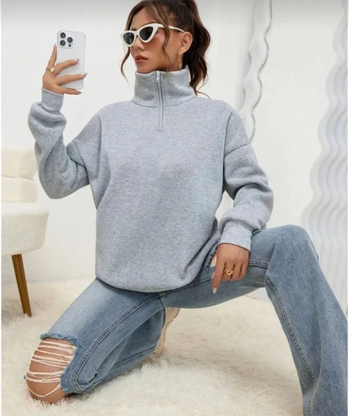 Unisex Uzun Kol Yarım Farmuarlı Yakalı Basic SweatShirt - Gri ürün görseli 1