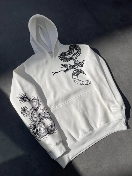 Uzun Kol Kapşonlu Baskılı SweatShirt - Beyaz - Resim 3