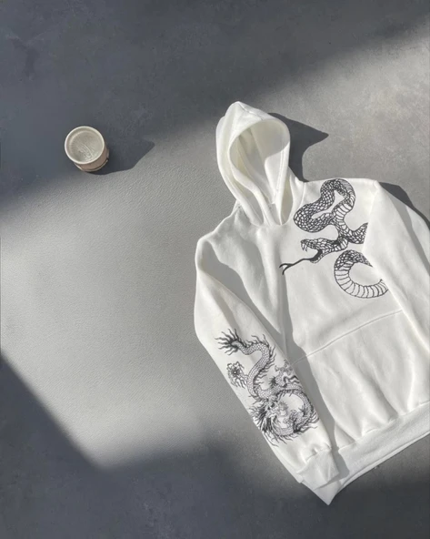 Uzun Kol Kapşonlu Baskılı SweatShirt - Beyaz - Resim 4