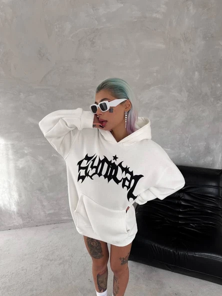 Unisex Üç İplik Kapşonlu Baskılı SweatShirt - Beyaz ürün görseli 1