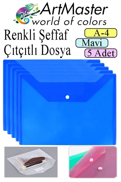 Mavi A4 Çıtçıtlı Dosya Şeffaf Renkli Zarf Dosya 5 Adet Çıt Çıtlı Dosya Su Geçirmez 100 Yaprak Kapasite ürün görseli 1