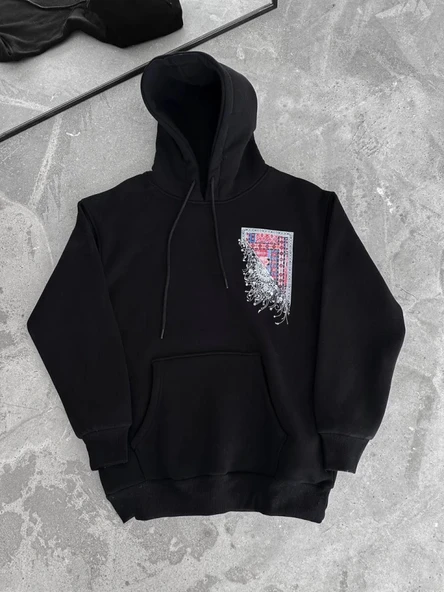 Uzun Kol Kapşonlu Ön Ve Arka Baskılı SweatShirt - Siyah ürün görseli 1