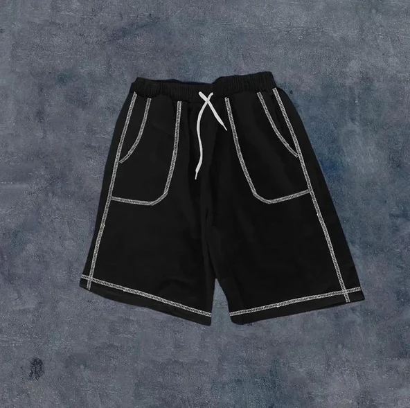 Unisex Dikişli Cepli Oversize Şort - Siyah ürün görseli 1