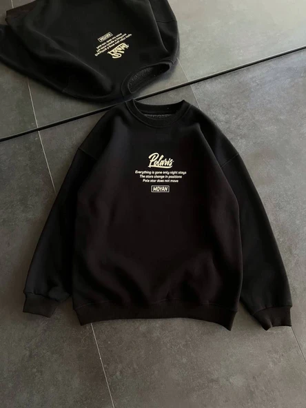 Kışlık Bisiklet Yaka Ön Ve Arka Baskılı SweatShirt - Siyah ürün görseli 1