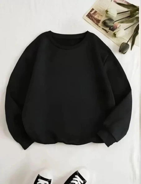 Üç İplik Biskilet Yaka Basic SweatShirt - Siyah ürün görseli 1