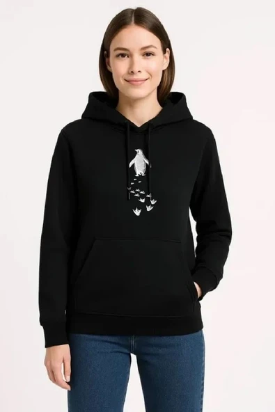Nihilist Penguen Temalı Oversize Kapüşonlu Sweatshirt - Siyah ürün görseli 1
