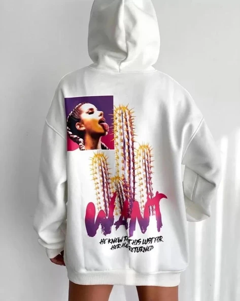 Baskılı Üç İplik Kapüşonlu Oversize Sweatshirt - Beyaz ürün görseli 1