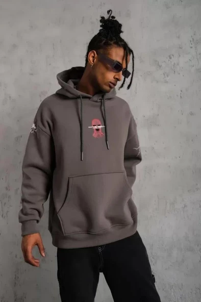 Erkek Maske Baskılı Kapüşonlu Sweat - Gri - Resim 2