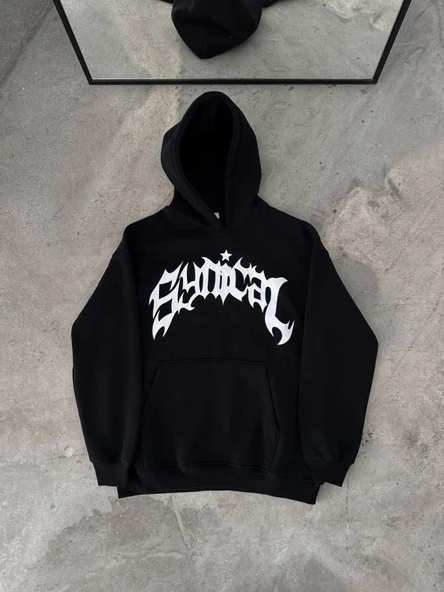Üç İplik Kapşonlu Baskılı Oversize SweatShirt- Siyah ürün görseli 1