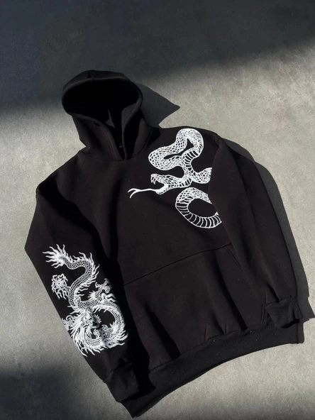 Uzun Kol Kapşonlu Baskılı SweatShirt - Siyah - Resim 3