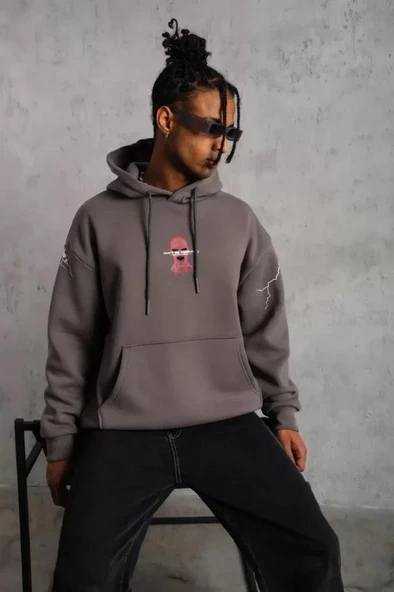 Erkek Maske Baskılı Kapüşonlu Sweat - Gri - Resim 3