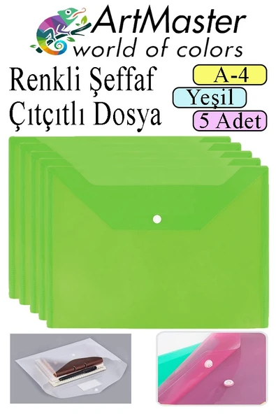 Yeşil A4 Çıtçıtlı Dosya Şeffaf Renkli Zarf Dosya 5 Adet Çıt Çıtlı Dosya Su Geçirmez 100 Yaprak Kapasite ürün görseli 1