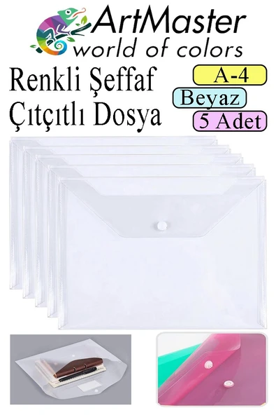 Beyaz A4 Çıtçıtlı Dosya Şeffaf Renkli Zarf Dosya 5 Adet Çıt Çıtlı Dosya Su Geçirmez 100 Yaprak Kapasite ürün görseli 1