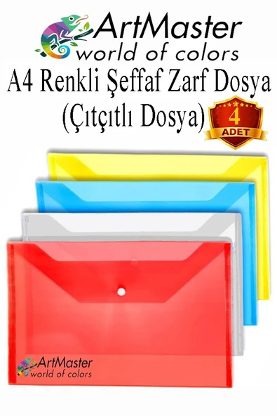 Çıtçıtlı Dosya A4 Şeffaf Renkli Zarf Dosya 4 Renk Çıt Çıtlı Dosya Su Geçirmez 100 Yaprak Kapasite Okul Ofis ürün görseli 1