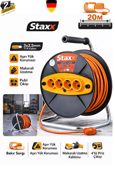 Staxx Şantiye ve Atölye Tipi Metal Ayaklı Makaralı Uzatma Kablosu 20M 3x2.5 mm Seyyar Uzatma ürün görseli 1