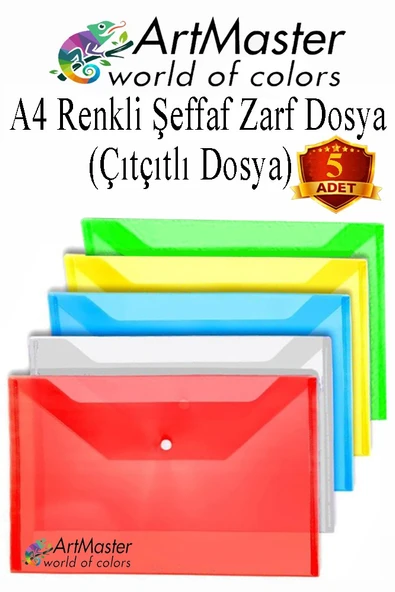 Çıtçıtlı Dosya A4 Şeffaf Renkli Zarf Dosya 5 Renk Çıt Çıtlı Dosya Su Geçirmez 100 Yaprak Kapasite Okul Ofis ürün görseli 1