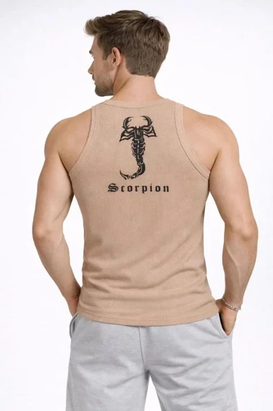 Erkek Fitilli Atlet Sıfır Yaka Slim Fit Arka Baskılı Spor Atlet - Bej ürün görseli 1