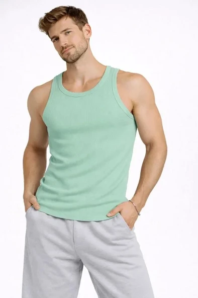 Erkek Fitilli Atlet Sıfır Yaka Slim Fit Arka Baskılı Spor Atlet - Mint Yeşili ürün görseli 1