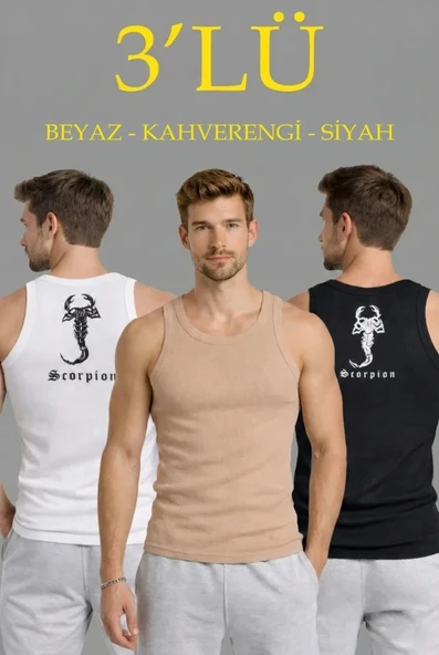 Erkek Spor Fitilli Atlet 3lü Set Beyaz, Siyah Ve Kahverengi Slim Fit Kaşkorse Arka Baskılı Spor Atlet ürün görseli 1