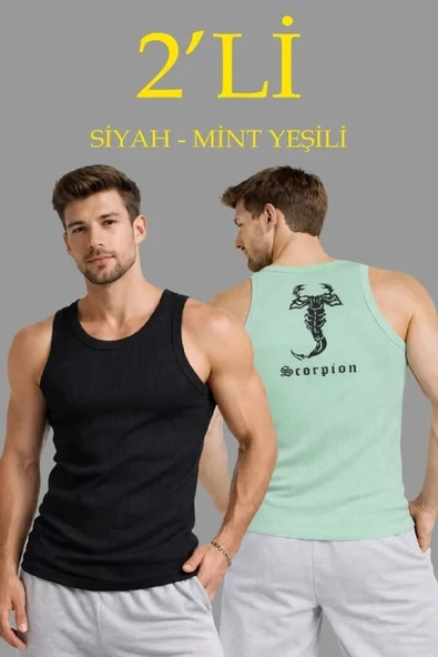 Erkek Spor Fitilli Atlet 2li Set Siyah Ve Mint Yeşili Slim Fit Kaşkorse Arka Baskılı Spor Atlet ürün görseli 1