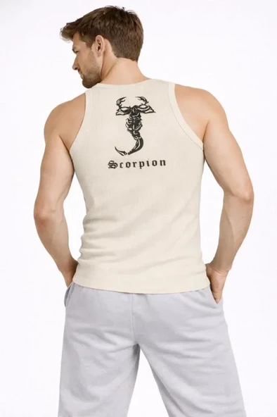 Erkek Fitilli Atlet Sıfır Yaka Slim Fit Arka Baskılı Spor Atlet - Krem ürün görseli 1