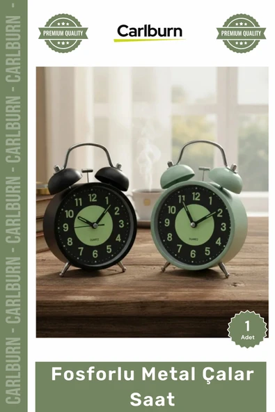 #ÇalarSaat Nostaljik İkiz Çan Gece Işıklı 11 cm Masa Üstü Dekoratif Tipi Fosforlu Metal Çalar Saat ürün görseli 1