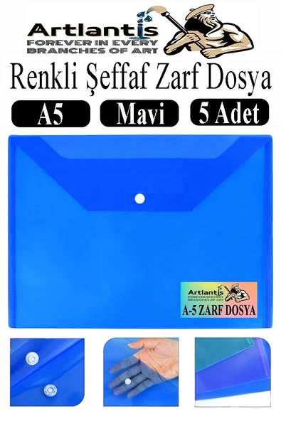 Mavi A5 Çıtçıtlı Dosya Şeffaf Renkli Zarf Dosya 5 Adet 17x22 cm Çıt Çıtlı Dosya Su Geçirmez 50 Yaprak Kapasiteli ürün görseli 1