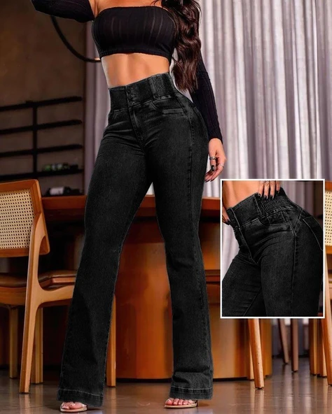 Kadın Yüksek Bel Yanları Lastik önü Düğmeli Kot Pantolon ürün görseli 1