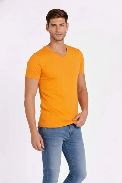Erkek T-Shirt V Yaka Slim Fit Dar Kesim Likralı Tişört Günlük Basic Body - Sarı ürün görseli 1