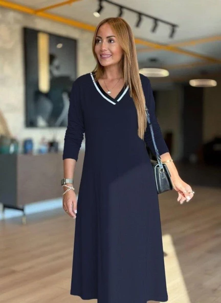 Kadın Uzun Kollu V Yakalı Midi çağla Yeşili Modal Elbise ürün görseli 1