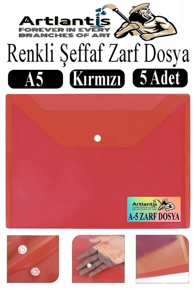 Kırmızı A5 Çıtçıtlı Dosya Şeffaf Renkli Zarf Dosya 5 Adet 17x22 cm Çıt Çıtlı Dosya Su Geçirmez 50 Yaprak Kapasiteli ürün görseli 1