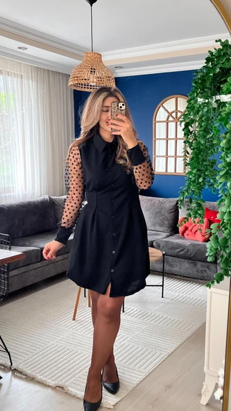 Kadın Uzun Kollu Yakalı Düğmeli Mini Ithal Krep Elbise ürün görseli 1