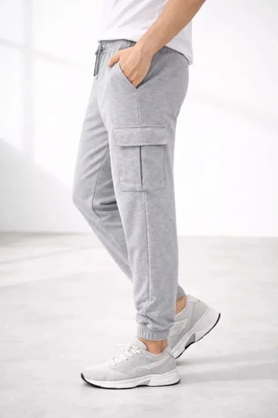 Erkek Jogger Eşofman Altı Regular Fit , Kargo Cepli, Lastikli Paça, Günlük Spor Pantolon - Gri ürün görseli 1