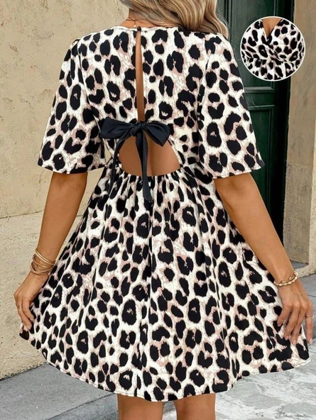 Kadın Kısa Kollu Kruvaze Yakalı Leopar Desenli Mini Süprem Elbise ürün görseli 1