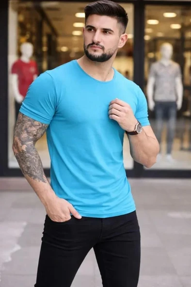 Erkek T-Shirt Bisiklet Yaka Slim Fit Dar Kesim Likralı Tişört Günlük Basic Body - Açık Mavi ürün görseli 1