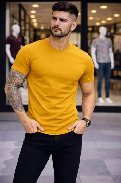 Erkek T-Shirt Bisiklet Yaka Slim Fit Dar Kesim Likralı Tişört Günlük Basic Body - Limon ürün görseli 1