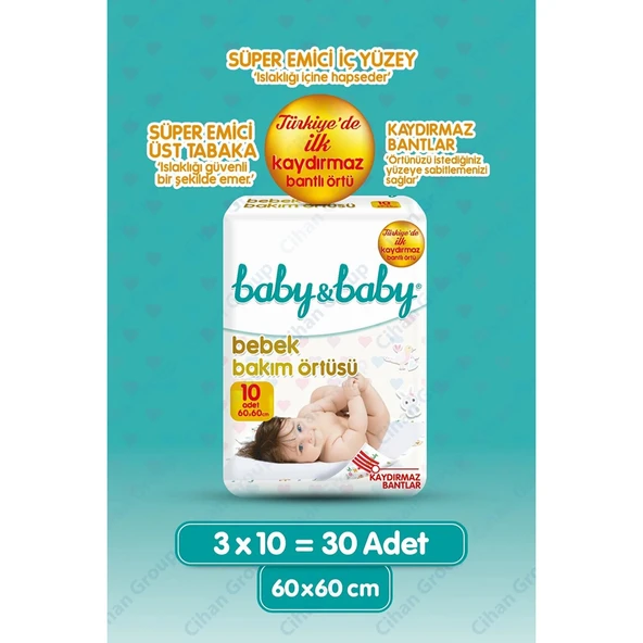 Baby&Baby 60x60 cm Kaydırmaz Bantlı Bebek Bakım Örtüsü 10'lu x 3 Yumuşak Pamuksu İç Yüzey ürün görseli 1
