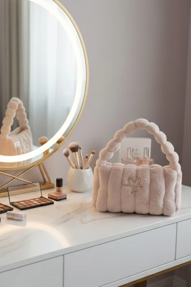 Caş Dekorasyon Krem Renk Peluş Makyaj Çantası ürün görseli 1