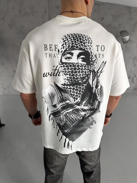 Erkek Kısa Kol Tişört Bisiklet Yaka Filistin Poşulu Baskılı T-Shirt - Beyaz ürün görseli 1
