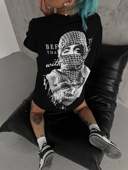 Kadın Kısa Kol Tişört Bisiklet Yaka Filistin Poşülü Baskılı T-Shirt - Siyah ürün görseli 1