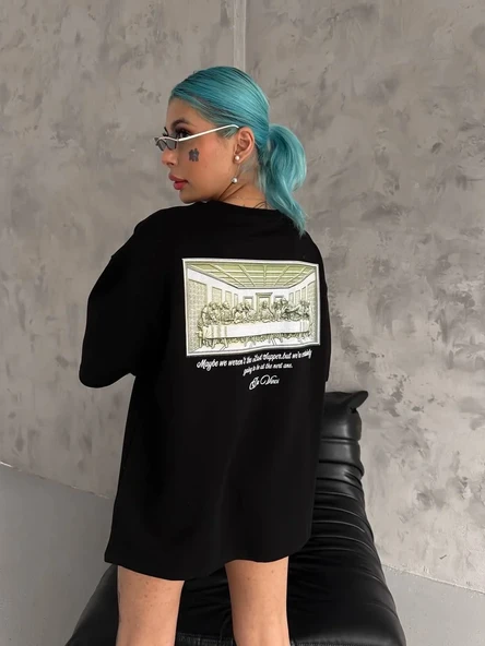 Kadın Baskılı T-Shirt Kısa Kol Bisiklet Yaka Ovarsize Rahat Kalıp Günlük Tişört - Siyah P250685S9843 ürün görseli 1