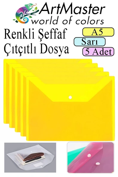 Sarı A5 Çıtçıtlı Dosya Şeffaf Renkli Zarf Dosya 5 Adet 17x22 cm Çıt Çıtlı Dosya Su Geçirmez 50 Yaprak Kapasiteli ürün görseli 1