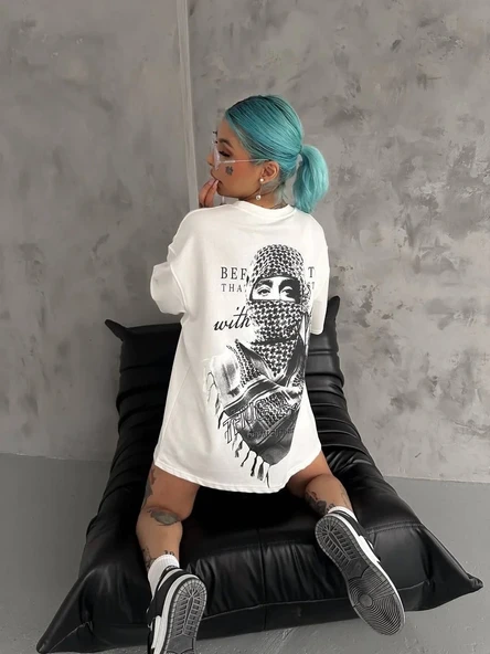 Kadın Kısa Kol Tişört Bisiklet Yaka Filistin Poşülü Baskılı T-Shirt - Beyaz ürün görseli 1