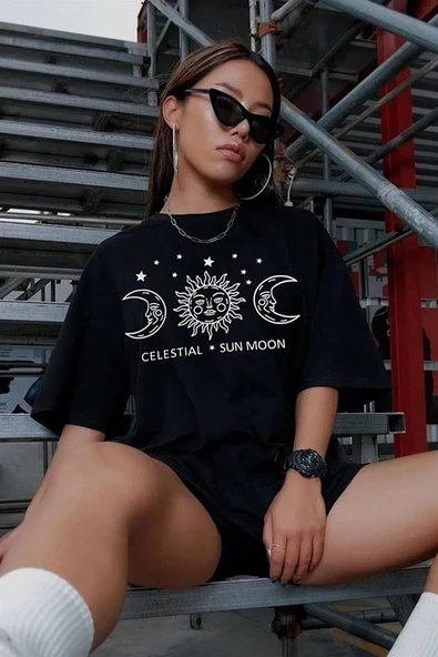 Kadın Baskılı T-Shirt Kısa Kol Bisiklet Yaka Ovarsize Rahat Kalıp Tişört - Siyah P250721S245 ürün görseli 1